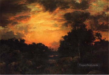 ウッズ Painting - ロングアイランドの風景トーマス・モランの森の夕日